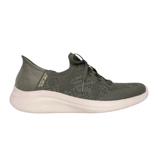 Lateral side of Olive Green Skechers Women's Martha Slip-Ins Ultra Flex 3.0 Sneaker