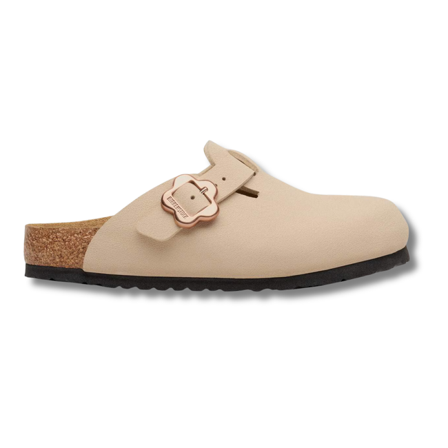 Lateral side of Birkenstock Kids' Boston Birkibuc Flower Buckle Clog in Sandcastle Tan