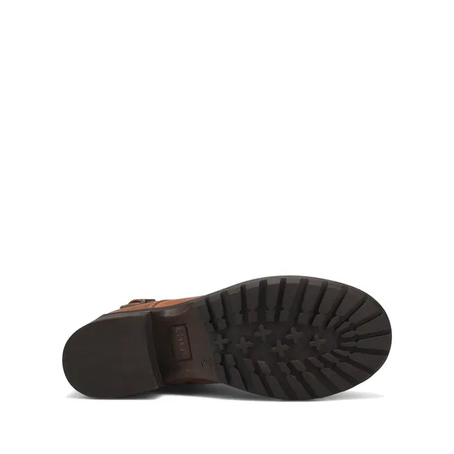Sole of Womens Taos Mini Crave Boot in caramel leather. Ankle boot and lace up closure
