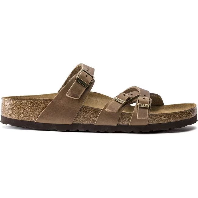 Lateral side of Birkenstock Women's Franca Oiled Leather Sandal in Tobacco Brown with three straps