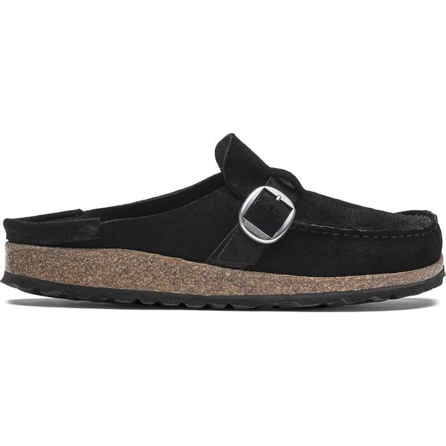 Lateral side of Birkenstock Women's Buckley Suede Clog in black