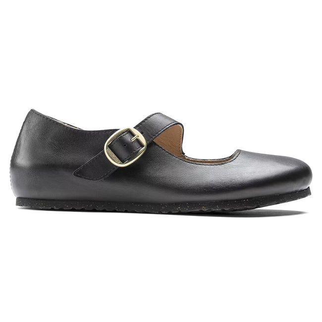 Side profile of Birkenstock Tracy women's leather flat showing EVA cork blend sole and low profile silhouette