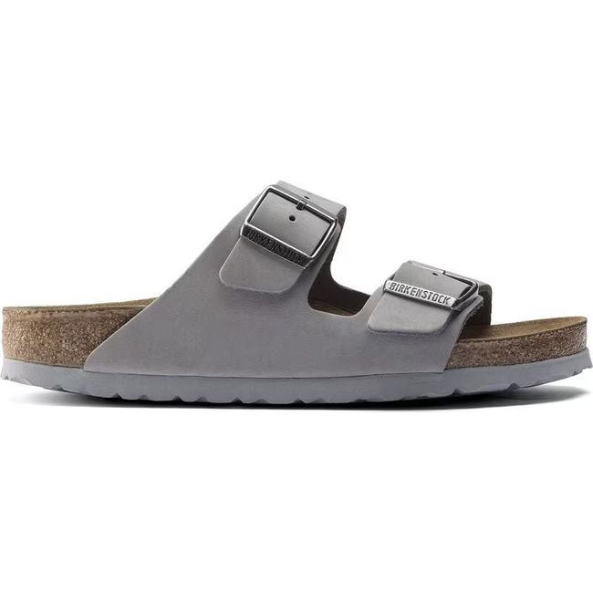 Lateral side of Birkenstock Women's Arizona Soft Footbed Sandal in nubuck dove gray