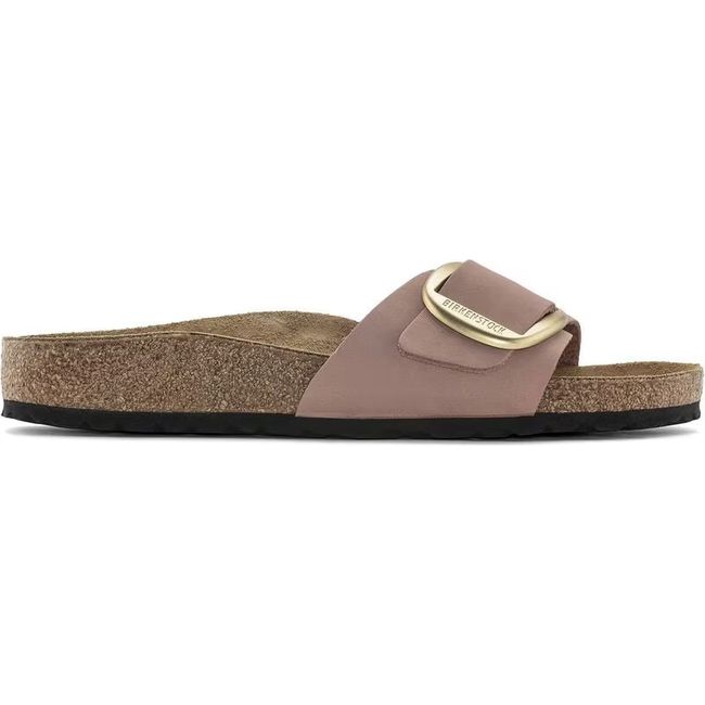 Lateral side of Birkenstock Women's Madrid Big Buckle Narrow Sandal in old rose pink nubuck