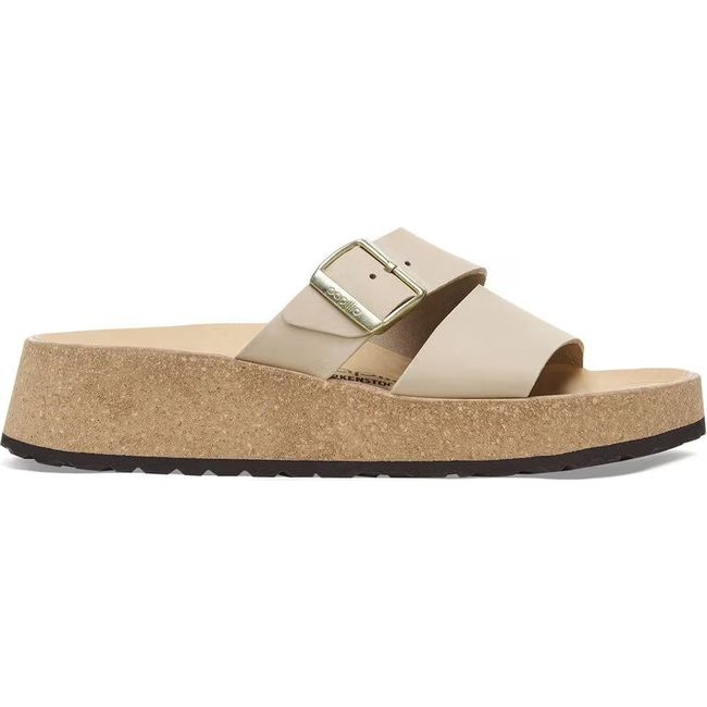 Lateral side of Birkenstock Women's Almina Nubuck Leather Narrow Sandal in sandcastle