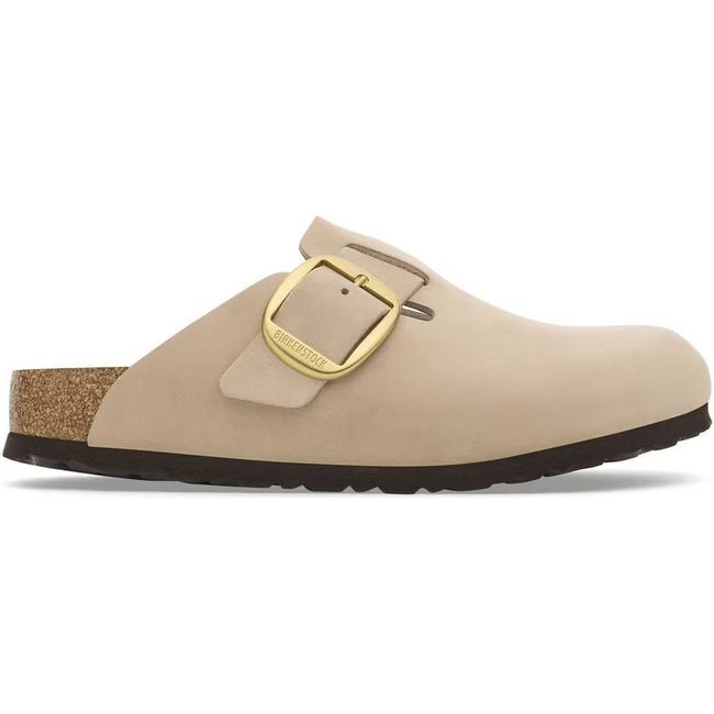 Lateral side of Birkenstock Women's Boston Big Buckle Narrow Clog in sandcastle nubuck 