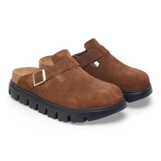 Pair of Birkenstock Boston Chunky Clogs in Dark Tea Brown suede with black platform sole