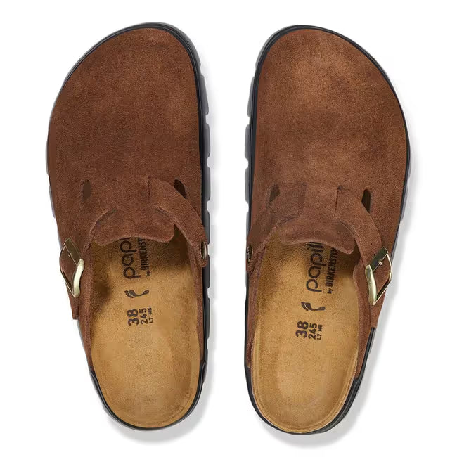 Upper of Birkenstock Boston Chunky Clogs in Dark Tea Brown suede