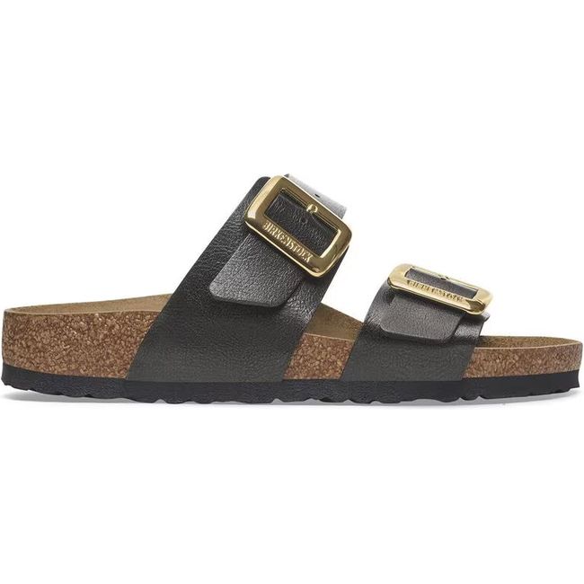 Lateral side of Birkenstock Women's Sydney Luxe Buckle Birko Flor Narrow Sandal in graceful licorice