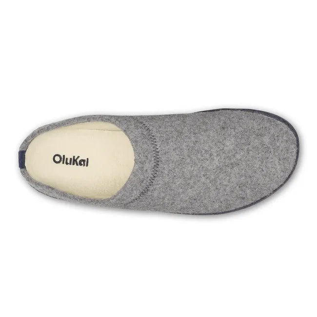 Top down view of Men's Olukai Hamani Hulu Slipper in Grey with shearling lining and grippy outsole
