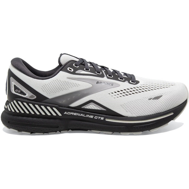 Side view of Men's Brooks Adrenaline GTS Gray and Black Running Shoe. Gray upper mesh. Black sole.