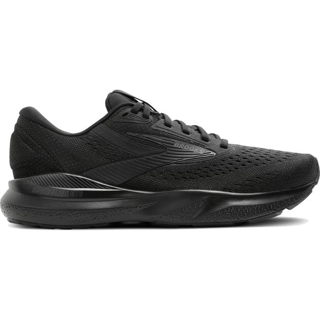 Lateral side of men's Brooks Adrenaline GTS 24 running shoe in all black with the GuideRail system