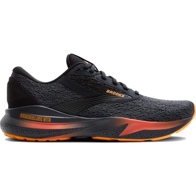 Lateral side of men's Brooks Adrenaline GTS 24 running shoe in black and orange