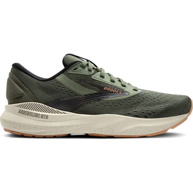 Lateral side of Men's Brooks Adrenaline GTS 24 running shoe in green showing the Guiderail support