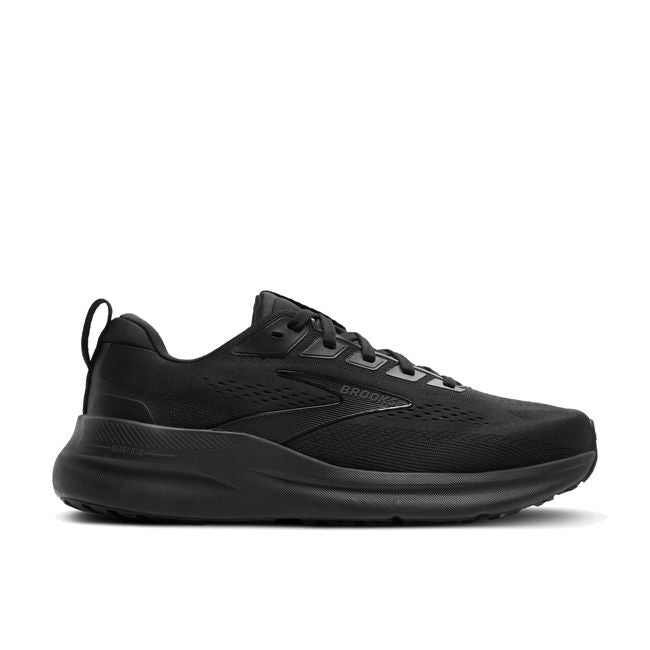 Lateral profile of Brooks Beast GTS 26 men's shoe in black showing tonal midsole and GuideRails broad base