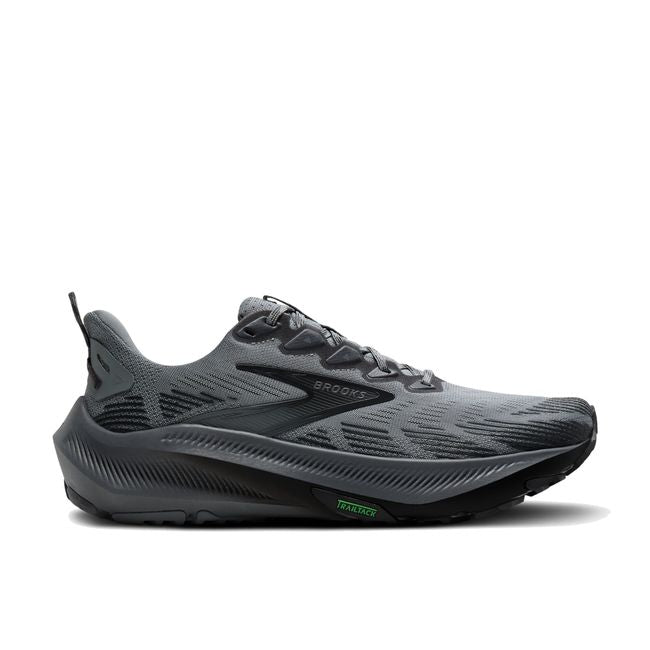 Lateral side of Brooks Men's Ghost Trail Running Shoe in Gray, Gray, Blackened Pearl