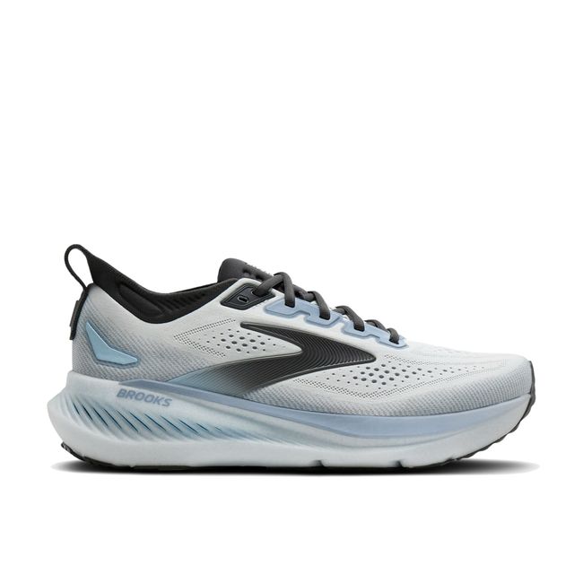Lateral profile of Brooks Glycerin 23 men's running shoe in white with blue accents