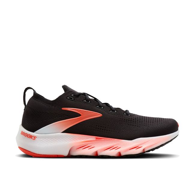 Lateral side profile of Brooks Glycerin Flex men's shoe in black showing plush midsole and orange outsole