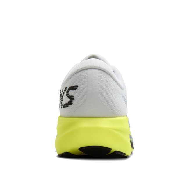 Rear heel view of Brooks Ghost AMP in white showing neon Nightlife midsole and black outsole base