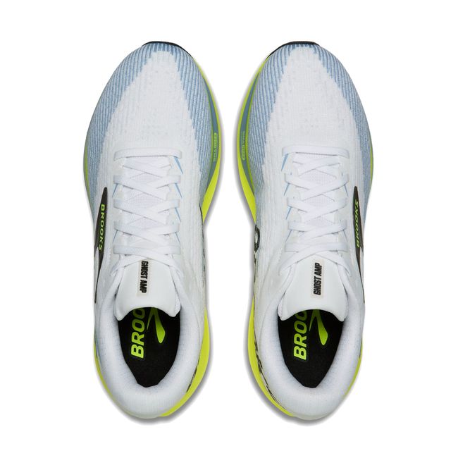 Top-down pair of Brooks Ghost AMP in white showing warp knit upper and gusseted tongue