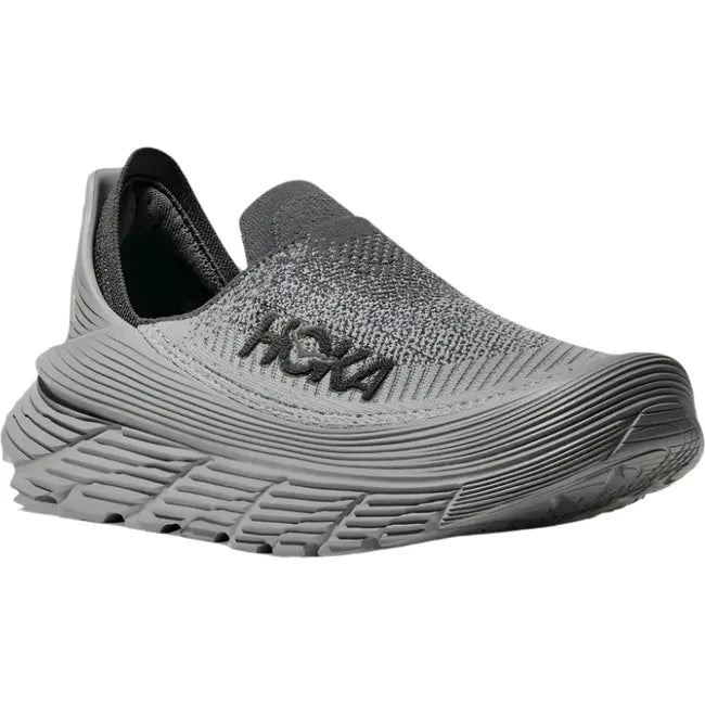 Lateral angled side of Hoka Unisex Restore TC Recovery Shoe in Satellite Grey with slip on feature