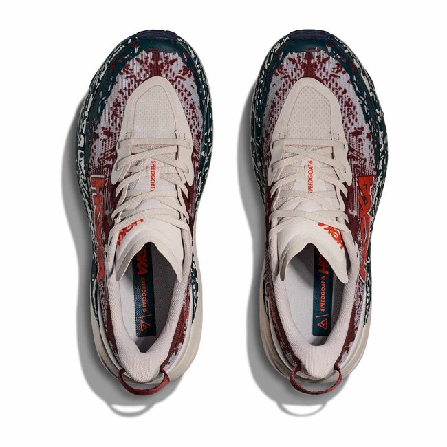 Top-down view of Hoka Speedgoat 6 in putty blue showing woven textile upper and gusseted tongue