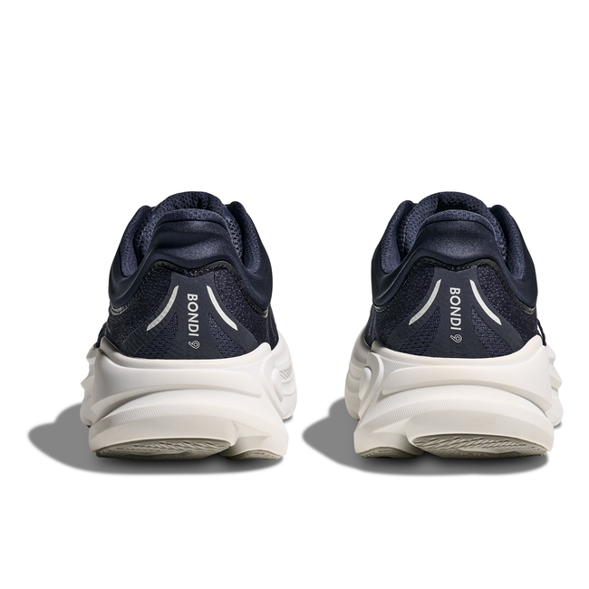 Heels of Men's Hoka Bondi 9 Running Shoes in navy blue with a thick white midsoles