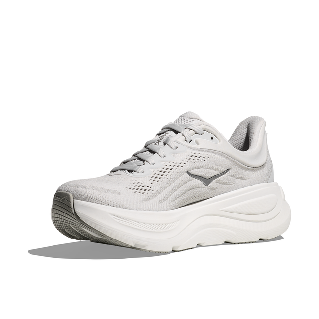 Medial side of Women's Hoka Bondi 9 Running Shoe in stardust silver mesh with white midsole