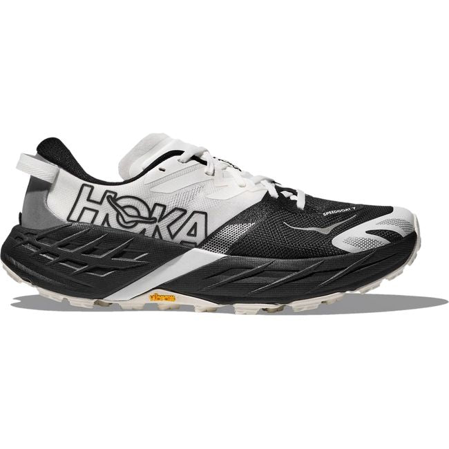 Lateral profile of Hoka Speedgoat 7 in black showing supercritical foam midsole