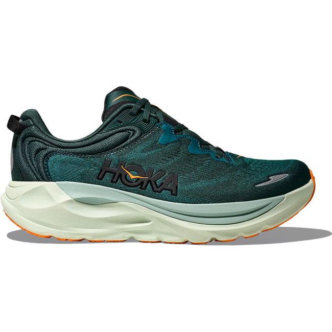 Hoka Mens Gaviota 6 running shoe in Bay Leaf green with orange accents, lateral profile hero view