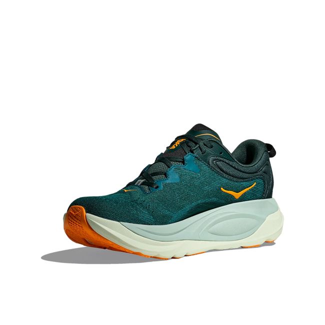 Hoka Mens Gaviota 6 running shoe in Bay Leaf green, angled 3/4 medial side view