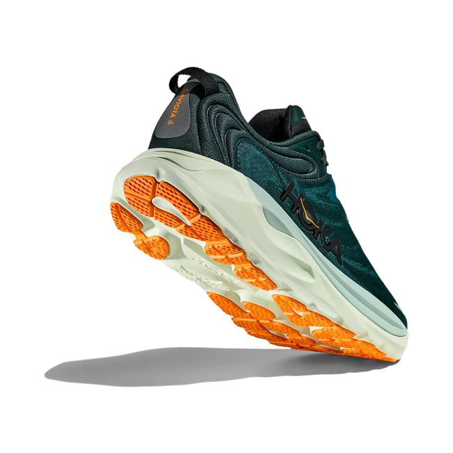 Hoka Mens Gaviota 6 running shoe in Bay Leaf green, angled outsole and heel tread detail