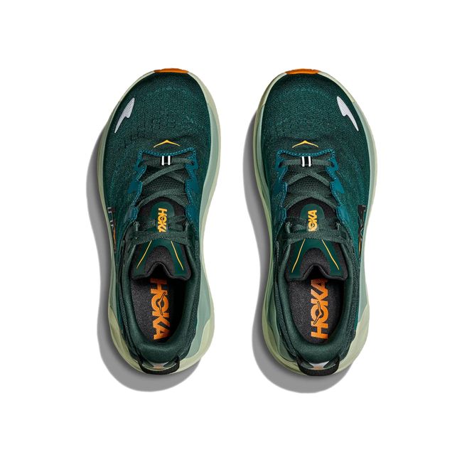 Hoka Mens Gaviota 6 running shoe pair in Bay Leaf green, top-down view showing laces and tongue
