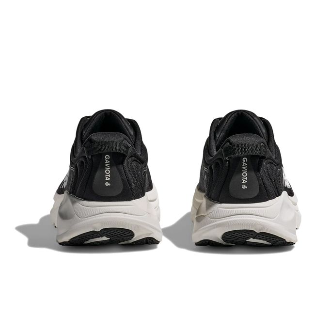 Hoka Mens Gaviota 6 running shoe pair in Black/White, rear heel view with white midsole