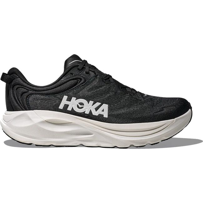 Hoka Mens Gaviota 6 running shoe in Black/White with white HOKA logo, lateral profile hero view