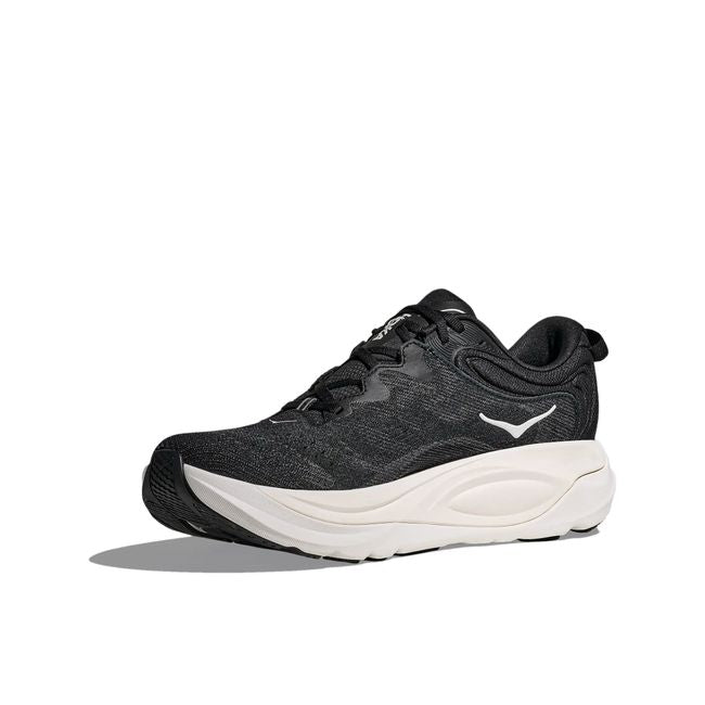 Hoka Mens Gaviota 6 running shoe in Black/White, angled 3/4 medial side view