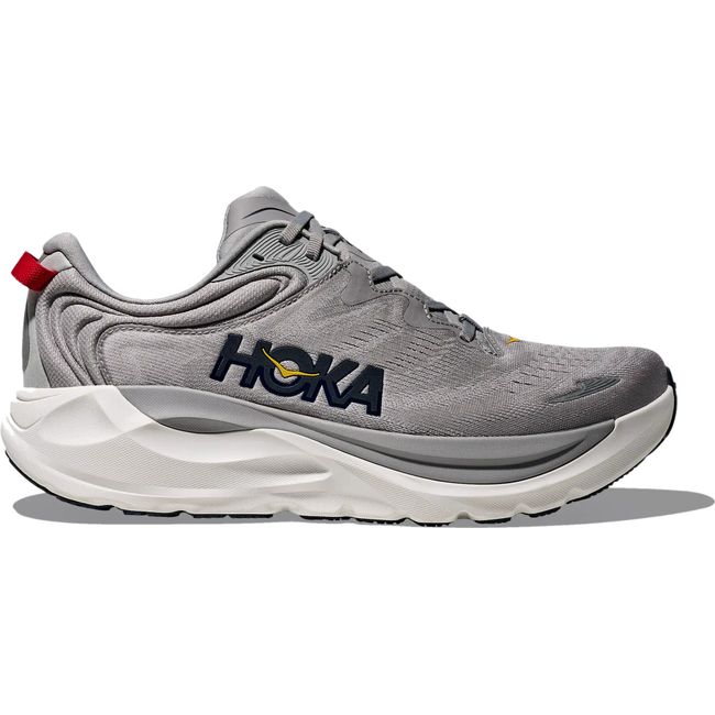 Hoka Mens Gaviota 6 running shoe in Stellar Grey with red heel pull tab, lateral profile hero view