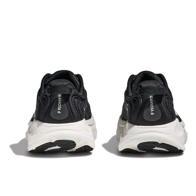 Hoka Womens Gaviota 6 running shoe pair in Black/White, rear heel view with white midsole
