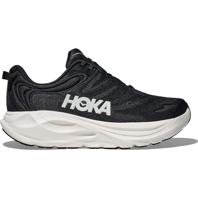 Hoka Womens Gaviota 6 running shoe in Black/White with white HOKA logo, lateral hero view