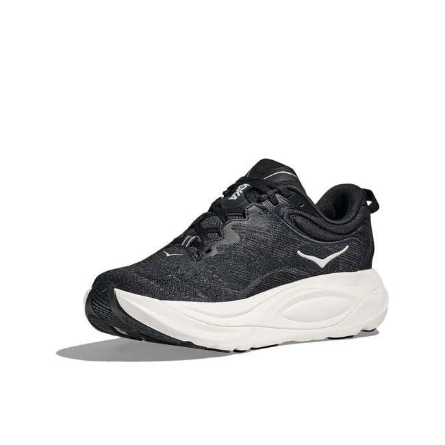 Hoka Womens Gaviota 6 running shoe in Black/White, angled 3/4 medial side view