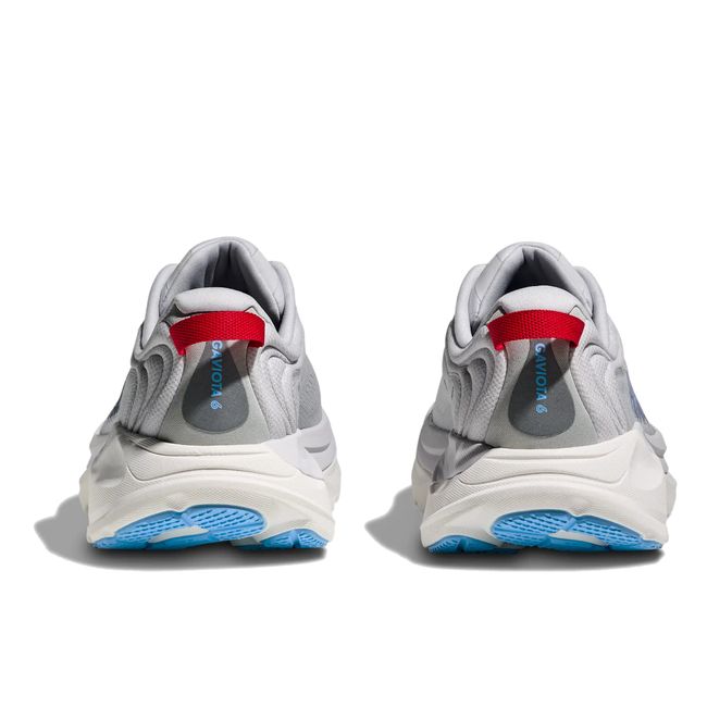 Hoka Womens Gaviota 6 running shoe pair in Cosmic Grey, rear heel view with red pull tabs