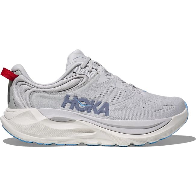 Hoka Womens Gaviota 6 running shoe in Cosmic Grey with red heel pull tab, lateral hero view