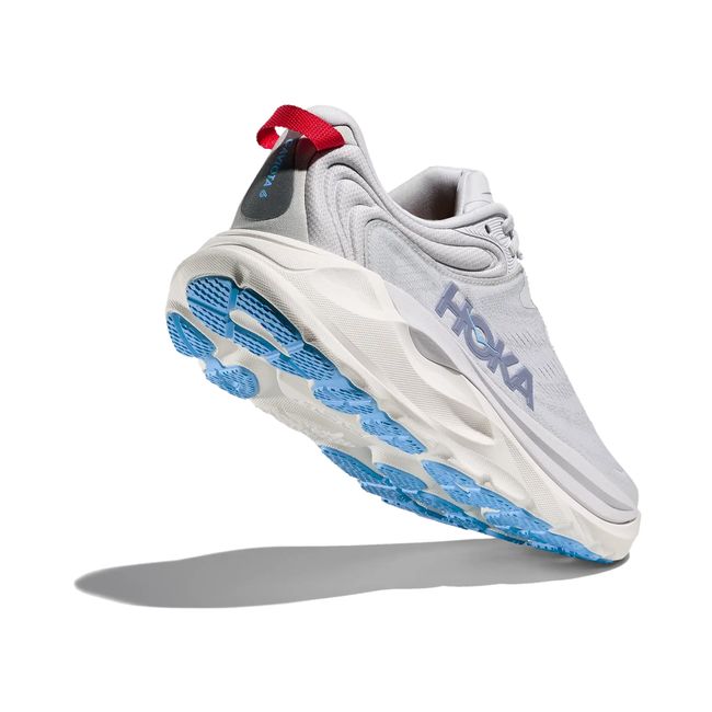 Hoka Womens Gaviota 6 running shoe in Cosmic Grey, angled outsole detail with blue sole