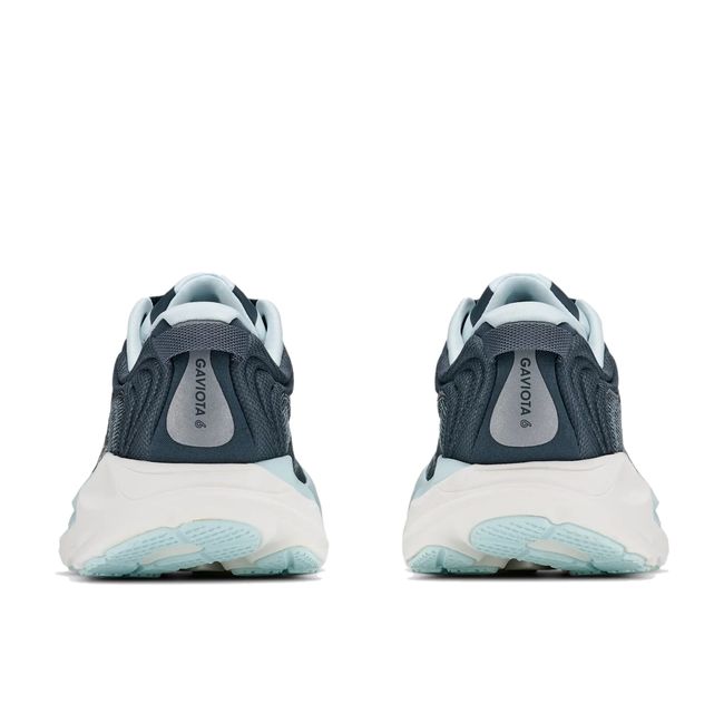 Hoka Womens Gaviota 6 running shoe pair in Faded Navy, rear heel view