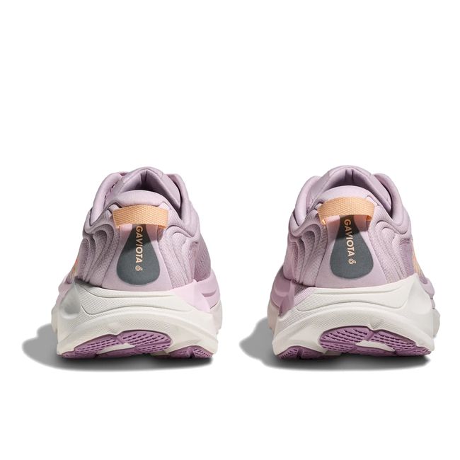 Hoka Womens Gaviota 6 running shoe pair in Lilac Cream, rear heel view with peach tabs