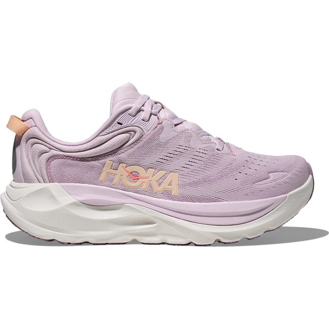 Hoka Womens Gaviota 6 running shoe in Lilac Cream with peach HOKA logo, lateral hero view