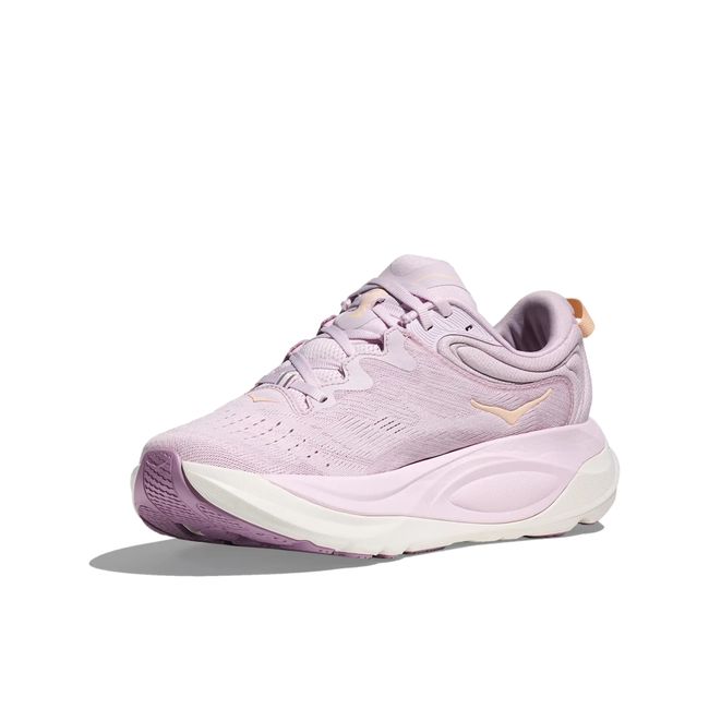 Hoka Womens Gaviota 6 running shoe in Lilac Cream, angled 3/4 medial side view