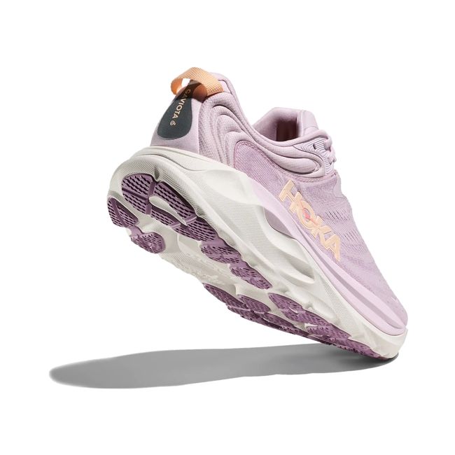 Hoka Womens Gaviota 6 running shoe in Lilac Cream, angled outsole and heel detail