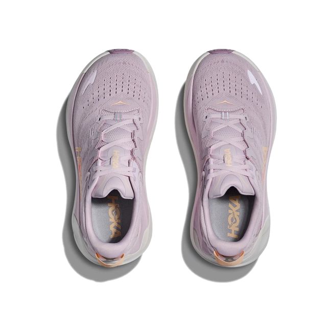 Hoka Womens Gaviota 6 running shoe pair in Lilac Cream, top-down view showing laces