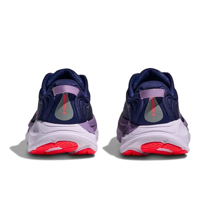 Hoka Womens Gaviota 6 running shoe pair in Midnight Navy, rear heel view with purple accents